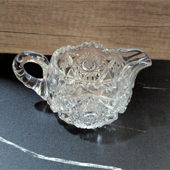 vintage Cut Glass Lead Crystal Creamer Pitcher Intricate Star Pattern Estate - Picture 7 of 9